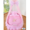 Babywieg op Wielen / Rieten Babybed met Hemeltje -  Roze Bear With Bow
