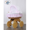 Babywieg op Wielen / Rieten en Houten Wieg - met Kap - Beddengoed Roze Hanna
