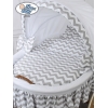 Babywieg op Wielen / Rieten en Houten Wieg - met Kap - Beddengoed Wit Grijs Hanna