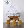 Babywieg op Wielen / Rieten en Houten Wieg - met Kap - Beddengoed Wit Grijs Hanna
