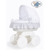 Babywieg op Wielen / Rieten en Houten Wieg - met Kap - Beddengoed Wit Grijs Hanna