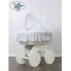 Babywieg op Wielen / Rieten en Houten Wieg - met Kap - Beddengoed Wit Grijs Hanna