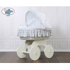Babywieg op Wielen / Rieten en Houten Wieg - met Kap - Beddengoed Wit Grijs Hanna