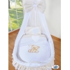 Babywieg op Wielen / Rieten Wieg met Hemeltje -  Wit Bear With Bow