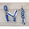 Halster A3 met wit bont en Gevlochten paardenlijn voor Stokpaard Wit Blauw