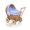 Natuurlijke Poppenwagen van Riet Wit Blauw Polkaprikker