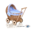 Natuurlijke Poppenwagen van Riet Wit Blauw Polkaprikker