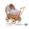 Natuurlijke Poppenwagen van Riet Wit Grijs Polkaprikker