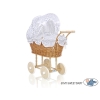 Natuurlijke Poppenwagen van Riet Wit Marineblauw Polkaprikker