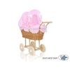 Natuurlijke Rieten Poppenwagen Roze Wit Polkaprikker
