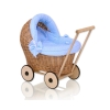 Natuurlijke Rieten Poppenwagen Wit Blauw Polkaprikker