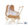 Natuurlijke Rieten Poppenwagen Wit Marineblauw Polkaprikker