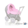 Poppenwagen riet met kap Grijs