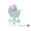 Poppenwagen riet met kap Mint Wit Grijs Polkaprikker