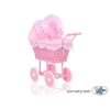 Poppenwagen riet met kap Roze Geruit
