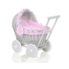 Poppenwagen riet met kap Roze Grijs Polkaprikker