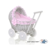 Poppenwagen riet met kap Roze Grijs Polkaprikker