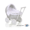 Poppenwagen riet met kap Wit Grijs