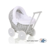 Poppenwagen riet met kap Wit Grijs