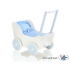 Poppenwagen van Hout met Dekentje Wit Blauw