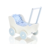 Poppenwagen van Hout met Dekentje Wit Blauw