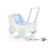 Poppenwagen van Hout met Dekentje Wit Blauw