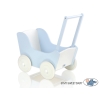 Poppenwagen van Hout met Dekentje Wit Blauw