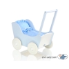 Poppenwagen van Hout met Dekentje Wit Blauw