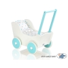 Poppenwagen van Hout met Dekentje Wit Turkoois