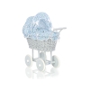 Rieten Poppenwagen met Beddengoed Blauw Grijs Bloemenweide Bloemen