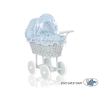 Rieten Poppenwagen met Beddengoed Blauw Grijs Bloemenweide Bloemen