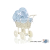 Rieten Poppenwagen met Beddengoed Ivoor Blauw Bloemenweide Bloemen