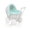 Poppenwagen van rotan mint met beddengoed