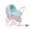 Rieten Poppenwagen met Beddengoed Mint Roze Polkaprikker