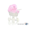 Rieten Poppenwagen met Beddengoed Roze Geruit