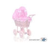 Rieten Poppenwagen met Beddengoed Roze Geruit Stofroze