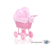 Rieten Poppenwagen met Beddengoed Roze Polkaprikker