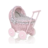 Rieten Poppenwagen met Beddengoed Roze Wit Grijs Polkaprikker