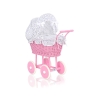 Rieten Poppenwagen met Beddengoed Roze Wit Marineblauw Polkaprikker