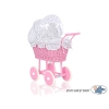 Rieten Poppenwagen met Beddengoed Roze Wit Marineblauw Polkaprikker