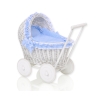 Rieten Poppenwagen met Beddengoed Wit Blauw Polkaprikker