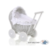 Rieten Poppenwagen met Beddengoed Wit Grijs