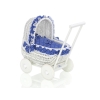 Rieten Poppenwagen met Beddengoed Wit Marineblauw Polkaprikker