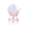 Rieten Poppenwagen met Beddengoed Wit Marineblauw Polkaprikker Stofroze