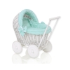 Rieten Poppenwagen met Beddengoedset Mint Polkaprikker