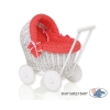 Rieten Poppenwagen met Beddengoedset Rood Polkaprikker