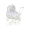 Rieten Poppenwagen met Beddengoedset Wit Marineblauw Polkaprikker