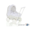Rieten Poppenwagen met Beddengoedset Wit Marineblauw Polkaprikker