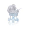 Rieten poppenwagen met kap Grijs Blauw Geruit