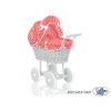 Rieten poppenwagen met kap Grijs Rood Geruit